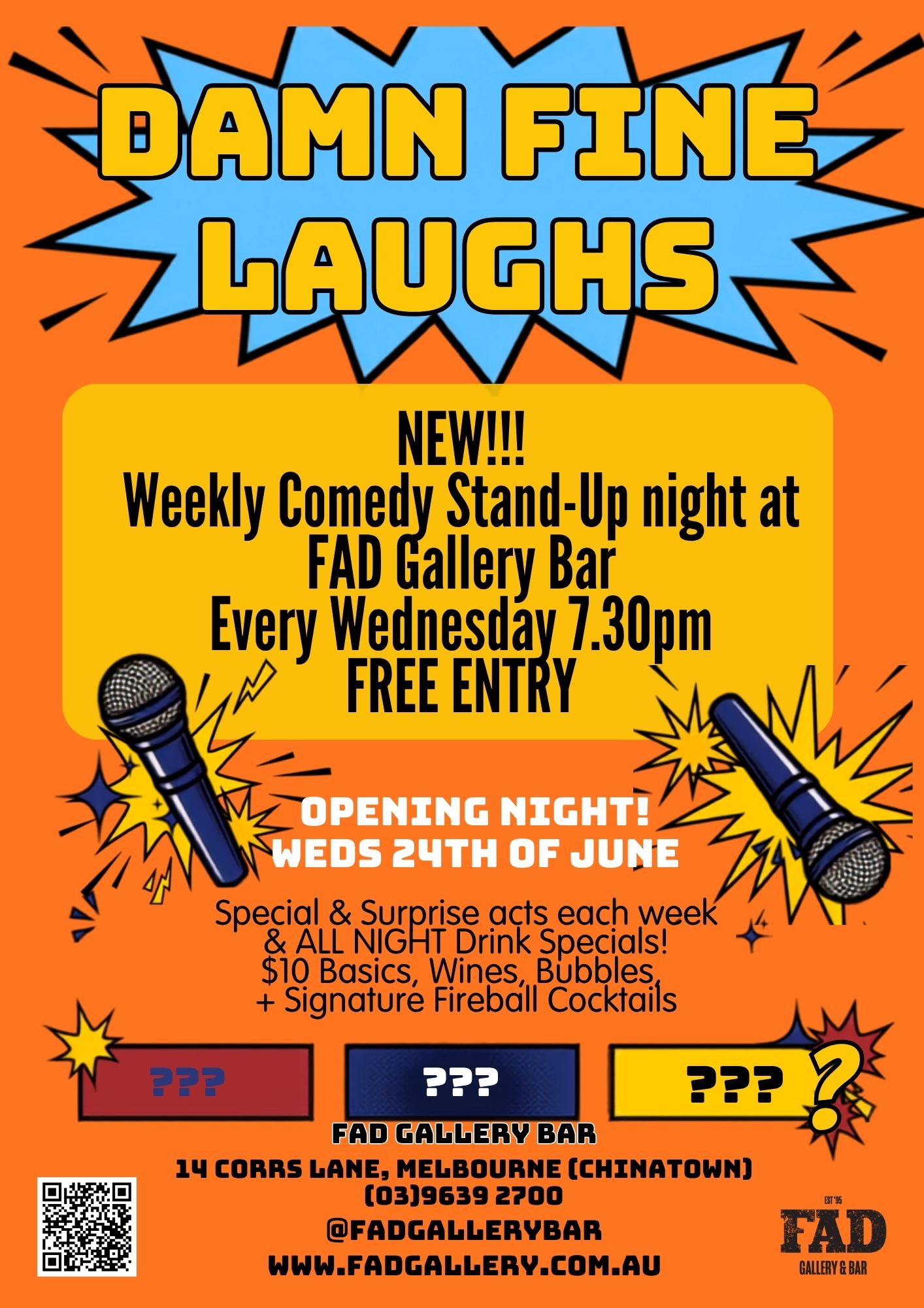 Damn Fine Laughs stand up comedy night FAD Gallery Bar Corrs Lane Chinatown Melbourne CBD every Wednesday free entry
